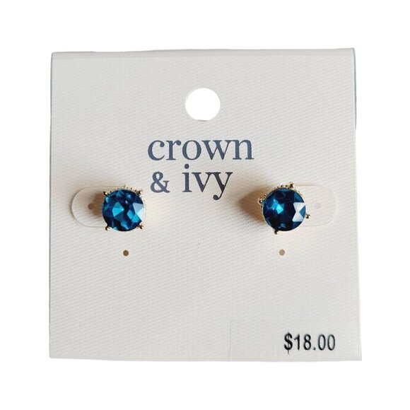 Crown & Ivy Blue Crystal Post Stud Earrings Gold Tone NEW Pierced Sparkle Bling - Picture 3 of 8